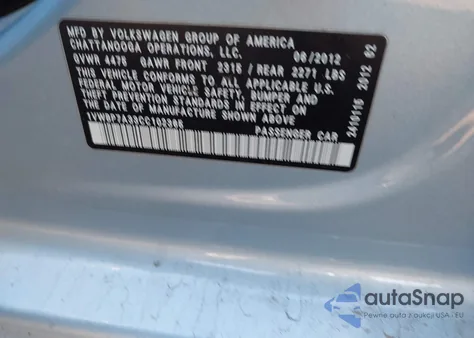 2012 Volkswagen Passat 2.5L Se z USA, uszkodzony, nr VIN 1VWBP7A33CC102365